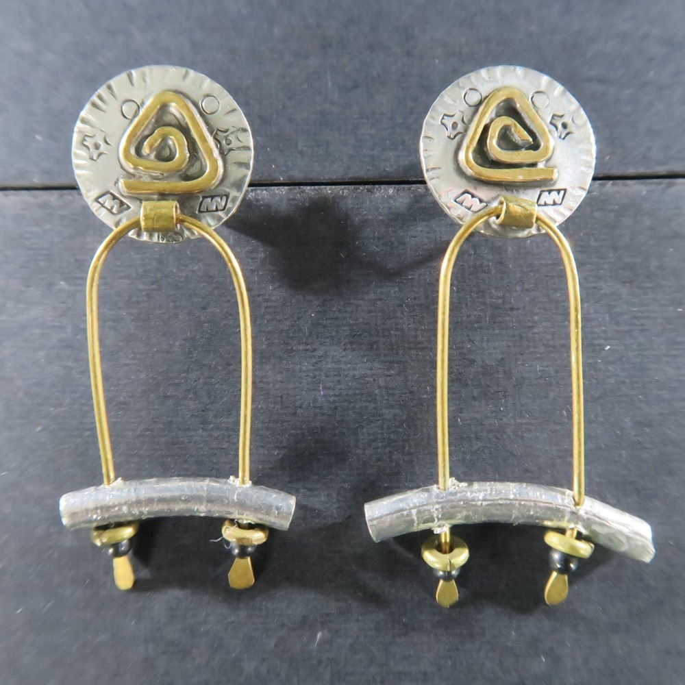 Marcia Q Miller Artisan Dangle Earrings Two Toned Mixed Metals Abstract